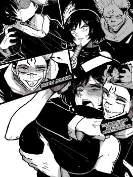 breasts grabbing_another's_breast grabbing_from_behind groping gun handgun highres itadori_yuuji jujutsu_kaisen large_breasts mark_gavatino medium_hair molestation revolver ryoumen_sukuna_(jujutsu_kaisen) sequential weapon zenin_mai