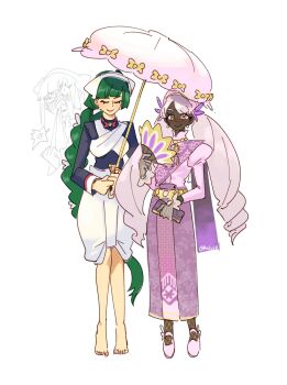 2girls adapted_costume alternate_costume alternate_hairstyle bag barefoot black_shirt bow braid braided_ponytail closed_eyes coin_purse dark-skinned_female dark_skin earrings folding_fan gloves green_hair hair_bow hair_ornament hand_fan hand_up handbag hat headscarf highres holding holding_bag holding_fan holding_umbrella jacinthe_(pokemon) jewelry juliet_sleeves lebanne_(pokemon) long_braid long_hair long_sleeves looking_at_viewer maid master_and_servant multiple_girls multiple_hair_bows nintendo parasol pink_shirt pokemon pokemon_legends:_z-a puffy_sleeves purple_eyes purple_hair purple_skirt raliciel see-through_clothes see-through_gloves shirt single_braid skirt smile sphere_earrings twintails u_u umbrella very_dark_skin very_long_hair white_bow white_headscarf white_skirt