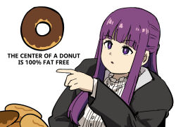 Rule 34 | 1girl, black coat, blunt bangs, coat, commentary, doughnut, dress, english text, fern (sousou no frieren), food, long hair, long sleeves, open clothes, open coat, pointing, purple eyes, purple hair, simple background, solo, sousou no frieren, tenten (chan4545), truth, upper body, white background, white dress
