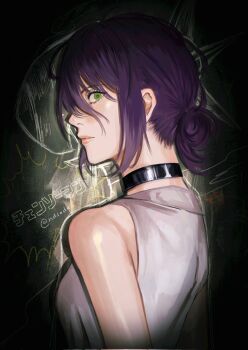 1girl chainsaw_man chalk_drawing chalkboard choker closed_mouth expressionless eyelashes green_eyes hair_between_eyes highres looking_at_viewer ndsoda purple_hair reze_(chainsaw_man) shirt sleeveless sleeveless_shirt solo translation_request upper_body white_shirt