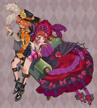 0samuse 1boy 1girl alternate_hairstyle asymmetrical_bangs black_cape black_footwear black_hat black_shorts bonnet bow bowtie brown_hair cape closed_mouth commentary dress frilled_sleeves frills grey_shirt hair_over_one_eye hair_up halloween_costume hat hat_feather hetero high_heels highres hijiri_ageha hirogaru_sky!_precure holding_another's_arm jack-o'-lantern_ornament layered_dress leaning_on_person long_dress long_sleeves looking_at_viewer official_alternate_costume open_mouth orange_bow orange_bowtie orange_hair precure purple_eyes purple_socks red_dress red_eyes red_hat scroll shirt shoes short_hair shorts smile socks standing yuunagi_tsubasa