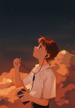 1boy 4zw89qkqagggcf7 blue_eyes blush cloud cloudy_sky headphones highres ikari_shinji looking_up neon_genesis_evangelion night night_sky orange_clouds school_uniform shirt sky solo star_(sky) tears tokyo-3_middle_school_uniform white_shirt