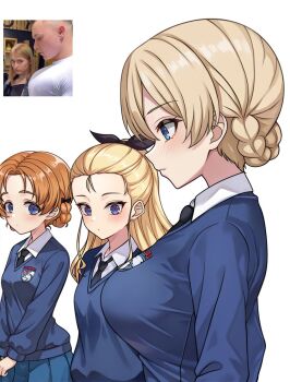 3girls aadka5 assam_(girls_und_panzer) black_necktie blonde_hair blue_eyes blue_jacket blue_skirt breasts darjeeling_(girls_und_panzer) emblem girls_und_panzer hair_ornament jacket large_breasts long_hair looking_at_another multiple_girls necktie orange_hair orange_pekoe_(girls_und_panzer) reference_photo school_uniform shirt simple_background skirt small_breasts st._gloriana&#039;s_(emblem) st._gloriana&#039;s_school_uniform standing upper_body white_background white_shirt
