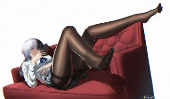 Rule 34 | 1girl, absurdres, alternate costume, black hair, black pantyhose, black skirt, blue bow, blue bowtie, blush, bow, bowtie, breasts, cellphone, commentary, couch, dress shirt, english commentary, feet, foot focus, from side, grey hair, hair between eyes, hand on own stomach, highres, holding, holding phone, hololive, hololive english, large breasts, legs, long hair, long sleeves, looking at phone, lying, miniskirt, multicolored hair, no shoes, on back, on couch, outstretched leg, pantyhose, phone, pleated skirt, reendhw, shiori novella, shirt, signature, simple background, skirt, smartphone, solo, split-color hair, spread toes, thighband pantyhose, thighs, toes, two-tone hair, virtual youtuber, white background, white shirt, yellow eyes