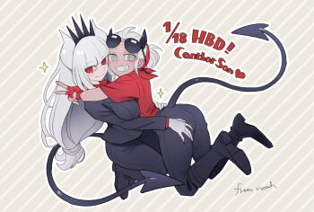 2girls ass black_pants boots breasts collared_shirt crown dated demon_girl demon_horns demon_tail diagonal-striped_background fingerless_gloves from_side gloves grey_eyes grey_hair grin hand_on_another&#039;s_ass happy_birthday heart helltaker highres horns hug justice_(helltaker) knee_boots large_breasts long_hair lucifer_(helltaker) mole mole_under_eye multiple_girls noah_(tettsui-sole) pants red_eyes red_gloves shirt short_sleeves smile striped_background sunglasses tail v