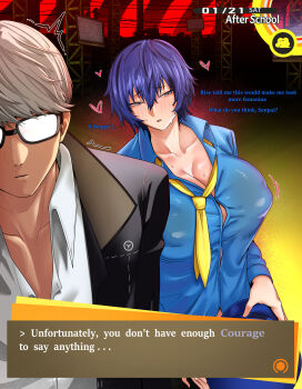 1boy 1girl ^^^ absurdres black_jacket blue_eyes blue_hair blue_hat blue_shirt blush breasts button_gap cleavage collarbone collared_shirt commentary covered_erect_nipples cowboy_shot crossdressing crossdressing_(ftm) dialogue_box english_text gakuran glasses grey_hair hair_between_eyes hat heart highres holding holding_unworn_clothes holding_unworn_hat jacket kuso21 large_breasts long_sleeves loose_necktie male_focus narukami_yu necktie newsboy_cap no_bra opaque_glasses open_clothes open_jacket parted_lips persona persona_4 school_uniform shirogane_naoto shirt short_hair sidelocks standing sweat swept_bangs tomboy typo unworn_hat unworn_headwear white_shirt yasogami_school_uniform yellow_necktie