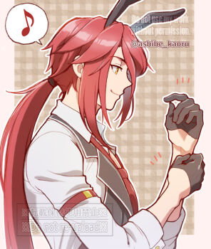 1boy aaron_wei animal_ear_hairband animal_ears ashibe-kaoru black_gloves border closed_mouth eiyuu_densetsu english_text fake_animal_ears from_side gingham_background gloves hair_between_eyes hairband kuro_no_kiseki_(series) male_focus male_playboy_bunny musical_note necktie nontraditional_playboy_bunny patterned_background ponytail rabbit_ear_hairband rabbit_ears sidelocks smile solo speech_bubble spoken_musical_note twitter_username watermark white_border yellow_eyes