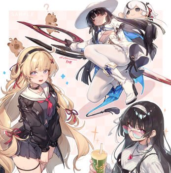 2girls absurdres black_hair black_hairband black_jacket black_shirt black_skirt blonde_hair boots breasts camellya_(wuthering_waves) camellya_mascot_(meme) character_doll chisa_(wuthering_waves) chisa_(wuthering_waves)_(cosplay) commentary cosplay costume_switch cup de_da_xianyu doll hair_ribbon hairband hat heart heart_necklace highres holding holding_cup holding_scissors jacket jewelry long_hair long_sleeves meme multiple_girls namipon_(wuthering_waves) neckerchief necklace official_alternate_costume oversized_object pantyhose phoebe_(wuthering_waves) phoebe_(wuthering_waves)_(cosplay) red_eyes red_neckerchief ribbon sailor_collar scissors shirt skirt sweater symbol-only_commentary underboob very_long_hair white_boots white_hat white_pantyhose white_sailor_collar white_shirt white_sweater wuthering_waves