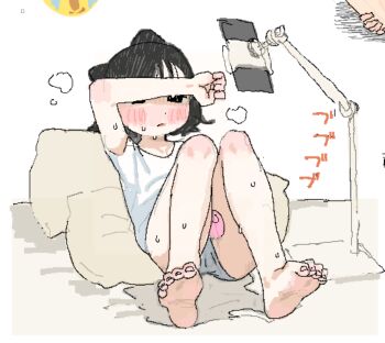 1girl animal_ears artist_self-insert black_eyes black_hair blush cat_ears feet female_masturbation masturbation medium_hair original possi_(possummachine) possummachine sex_toy sketch solo steam steaming_body sweat vibrator