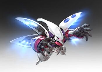 absurdres chibi chinese_commentary commentary_request exhaust flying glowing glowing_eye gradient_background gundam gundam_zz highres making-of_available mecha mecha_focus mobile_suit motion_blur no_humans one-eyed open_hands outstretched_arms pink_eyes qubeley robot science_fiction sd_gundam solo zakuma