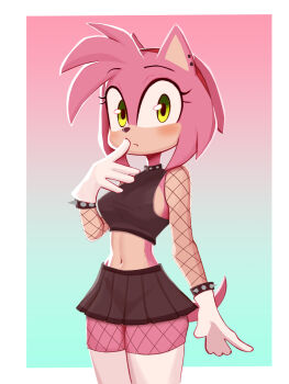 1girl alternate_costume amy_rose animal_ears animal_nose black_shirt black_skirt breasts collar danyjart fishnet_pantyhose fishnet_sleeves fishnets furry furry_female gloves gradient_background green_eyes hairband hedgehog_girl highres looking_at_viewer medium_breasts navel pantyhose pink_background pink_fur pink_hair pleated_skirt red_hairband shirt skirt solo sonic_(series) spiked_collar spikes standing stomach thighhighs white_gloves white_thighhighs