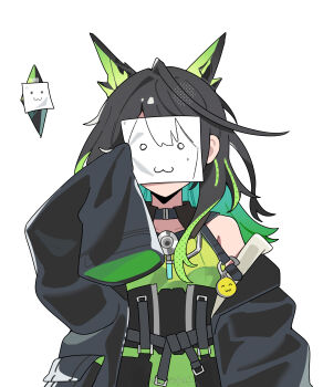 1girl :3 absurdres ahoge animal_ears arknights bare_shoulders black_collar black_hair black_jacket cat_ears chinese_commentary collar collarbone colored_inner_hair commentary_request covering_face crystal crystal_horns drawing_(object) dress facing_viewer fake_animal_ears green_dress green_streaks highres holding holding_drawing holding_paper huge_ahoge jacket jacket_partially_removed long_hair looking_at_viewer mon3tr_(arknights) multicolored_hair off_shoulder paper simple_background sleeves_past_fingers sleeves_past_wrists solo stethoscope_around_neck tape white_background wwfo_2