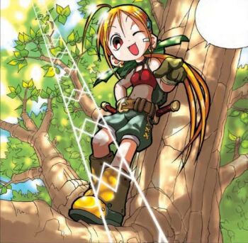 1girl ;d ahoge bandaid bandaid_on_face belt blonde_hair boots caius_d._vlad crop_top day earrings fang fantasy_mathematics_wars full_body gloves grimnamu in_tree jewelry long_hair looking_at_viewer midriff nature official_art one_eye_closed open_mouth outdoors pointing ponytail red_eyes ribbon sheath shorts smile solo speech_bubble standing sunlight sword tree weapon