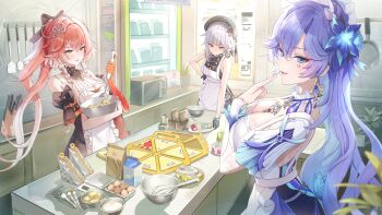 3girls absurdres apron baking bare_shoulders beret black_hat black_shirt blue_eyes blue_flower blue_hair blush breasts cantarella_(wuthering_waves) changli_(wuthering_waves) cleavage colored_extremities colored_inner_hair commentary_request dress earrings facial_mark flower grey_hair guest_art hair_flower hair_ornament hand_on_own_hip hand_up hat highres indoors jewelry large_breasts long_hair mark_under_eye misyune multicolored_hair multiple_girls pink_hair purple_hair red_eyes red_hands sanhua_(wuthering_waves) shirt sleeveless sleeveless_shirt smile white_dress wuthering_waves yellow_eyes