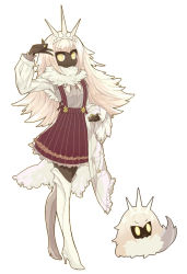 1girl boots bug coat dark_skin dress eyulen full_body high_heels highres hollow_knight insect legs long_hair looking_at_viewer moth personification radiance_(hollow_knight) simple_background skirt smile standing symbol-shaped_pupils thigh_boots thighhighs tiara v white_background white_hair white_thighhighs yellow_eyes