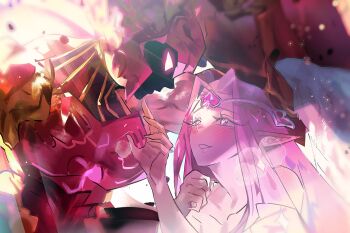 Rule 34 | 2girls, angel, angel wings, brooch, capelet, colored skin, cookie run, cookie run: kingdom, dress, eternal sugar cookie, flower brooch, hair bun, highres, hollyberry cookie, hollyberry cookie (aegis), humanization, jewelry, long hair, multiple girls, pcacao, pink dress, pink eyes, pink hair, pink skin, red capelet, smile, very long hair, white dress, wings