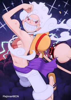 1boy alternate_form anger_vein clenched_teeth commentary cross_scar devil_fruit_power elasticity english_commentary facial_scar fur-trimmed_shorts fur_trim gear_fifth grin hat highres looking_at_viewer majimartbcn male_focus monkey_d._luffy one_piece purple_sash red_eyes sandals sash scar scar_on_cheek scar_on_chest scar_on_face shorts smile solo sparkle straw_hat extendable_limbs teeth topless_male transformation unworn_hat unworn_headwear white_hair white_shorts