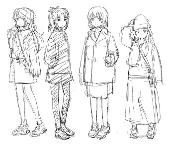 4girls bag beanie coat expressionless greyscale handbag hat highres kamiina_botan kamiina_botan_yoeru_sugata_wa_yuri_no_hana kitamori_yaeka long_hair looking_at_viewer monochrome multiple_girls nazo_no_anime-dan pantyhose ponytail short_hair skirt tonami_ibuki two_side_up yusa_akane