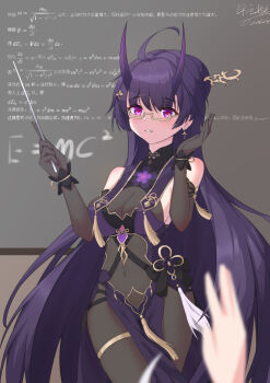 1girl absurdres ahoge bare_shoulders black_gloves blurry blurry_foreground breasts chalkboard china_dress chinese_clothes cleavage diaoyidimaomao dress earrings elbow_gloves glasses gloves hair_between_eyes hair_ornament highres holding honkai_(series) honkai_impact_3rd horns indoors jewelry long_hair looking_at_viewer math parted_lips physics pointer purple_eyes purple_hair raiden_mei raiden_mei_(herrscher_of_thunder) raiden_mei_(rainy_springtide) red_pupils semi-rimless_eyewear teacher under-rim_eyewear
