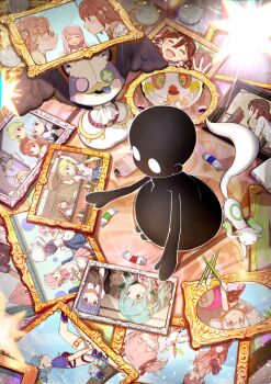 1girl a-q_(madoka_magica) akemi_homura akino_kaede charlotte_(madoka_magica) full_body futaba_sana highres hiiragi_nemu holding_painting indoors izumi_kanagi izumi_kanagi_(maid_costume) kamihama_university_affiliated_school_uniform kaname_madoka kaname_madoka_(haregi_ver.) kyubey light_particles magia_record:_mahou_shoujo_madoka_magica_gaiden magical_girl mahou_shoujo_madoka_magica mahou_shoujo_madoka_magica_(anime) mahou_shoujo_madoka_magica_magia_exedra mariko_ayaka memspark_(madoka_magica) miki_sayaka miki_sayaka_(surfer_ver.) minami_rena misono_karin mitsuki_felicia momoe_nagisa momoe_nagisa_(swimsuit_ver.) namae_(magia_exedra) nanami_yachiyo nighthawk_(madoka_magica) paint_tube painting_(object) picture_frame sakura_kyoko sakura_kyoko_(haregi_costume) satomi_touka sawa_sudachi school_uniform solo taka.yana tamaki_ui togame_momoko tomoe_mami witch_(madoka_magica) yui_tsuruno