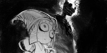 1boy 1girl animal_ears beads bodysuit closed_mouth crossover fake_animal_ears five_nights_at_freddy&#039;s five_nights_at_freddy&#039;s_3 greyscale hat highres jester_cap monochrome open_mouth pomni_(the_amazing_digital_circus) puffy_short_sleeves puffy_sleeves rabbit_ears robot scared shefki short_hair short_sleeves simple_background smile springtrap standing striped_hat sweat teeth the_amazing_digital_circus vertical-striped_bodysuit wide-eyed