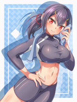 Rule 34 | 1girl, bike shorts, black hair, black shorts, border, breasts, closed mouth, commentary request, commission, ghost rea, hair ornament, hair ribbon, hairclip, holding, holding towel, jikkyou powerful pro yakyuu, large breasts, looking at another, low ponytail, midriff, navel, outside border, ponytail, power pro appli, red eyes, red ribbon, ribbon, shorts, skeb commission, smile, solo, sweatdrop, towel, towel around neck, undersuit, white border, yagyuu sayaka