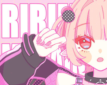 Rule 34 | 1girl, :o, absurdres, black collar, black jacket, blunt bangs, blush stickers, clenched hand, collar, colored inner hair, commentary, grey hair, hair intakes, hand up, highres, jacket, looking up, makaino ririmu, makaino ririmu (6th costume), msama yade, multicolored hair, multicolored hair bobbles, nail polish, nijisanji, no headwear, o-ring collar, open clothes, open jacket, pink background, pink hair, pink jacket, pink nails, pink streaks, pink theme, plaid clothes, pointy ears, polka dot, portrait, red eyes, short hair, sleeves past wrists, solo, spiked collar, spikes, split crop, streaked hair, text background, two-sided fabric, two-sided jacket, two-tone hair, two side up, untranslatable commentary, upturned eyes, virtual youtuber, wolf cut