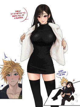 1boy 1girl ? ^^^ absurdres alternate_costume arrow_through_heart azezazel black_hair black_thighhighs blonde_hair blue_eyes blush breasts carrying cloud_strife commentary couple dress earrings english_commentary english_text feet_out_of_frame final_fantasy final_fantasy_vii final_fantasy_vii:_advent_children fur_jacket hair_behind_ear hair_between_eyes hetero highres jacket jewelry large_breasts lips long_hair motion_lines open_clothes open_jacket parted_lips pink_lips princess_carry puff_of_air red_eyes running signature simple_background skindentation snow speech_bubble spiked_hair surprised sweater sweater_dress teardrop_earrings thighhighs tifa_lockhart tight_clothes turtleneck turtleneck_sweater twitter_username white_background white_jacket winter_clothes zettai_ryouiki