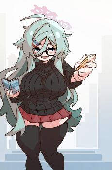 1girl ahoge alternate_breast_size_(larger) black_sweater black_thighhighs blue_archive blush book breasts glasses hair_between_eyes hair_ornament hairclip halo huge_breasts long_hair mabufuyo meru_(blue_archive) messy_hair pencil pink_halo red_skirt skirt smile solo sweater thick_thighs thighhighs thighs turtleneck turtleneck_sweater very_long_hair wide_hips
