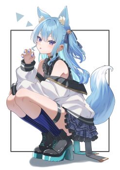 1girl :p alternate_costume animal_ears asymmetrical_sidelocks black_choker black_jacket black_ribbon black_shoes blue_eyes blue_hair blue_nails blue_ribbon blue_skirt blue_socks cat_ears cat_girl cat_tail choker claw_pose collared_shirt colored_shoe_soles commentary double-parted_bangs extra_ears frilled_shirt_collar frilled_skirt frills grey_shirt hair_between_eyes hair_ribbon hand_up highres hololive hoshimachi_suisei jacket kemonomimi_mode kneehighs layered_skirt looking_at_viewer miniskirt nail_polish nametakeko neck_ribbon off_shoulder plaid_clothes plaid_skirt platform_heels quilted_jacket ribbon shirt shoes sidelocks simple_background skirt sleeveless sleeveless_shirt socks solo squatting star_(symbol) star_in_eye striped_clothes striped_socks symbol_in_eye tail thigh_strap tongue tongue_out two-sided_fabric two-sided_jacket vertical-striped_clothes vertical-striped_socks virtual_youtuber white_background white_jacket
