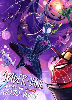 6+boys absurdres adapted_costume battle_tendency bodysuit boots braid bun_with_braided_base chendol city crossover diamond_wa_kudakenai giorno_giovanna hat higashikata_josuke higashikata_josuke_(jojolion) highres hood hooded_bodysuit jacket jodio_joestar johnny_joestar jojo_no_kimyou_na_bouken jojolion jonathan_joestar joseph_joestar joseph_joestar_(young) kuujou_jolyne kuujou_joutarou looking_at_viewer marvel multiple_boys parody phantom_blood pompadour portal_(object) sailor_hat scarf silk spider-man:_across_the_spider-verse spider-man_(series) spider-verse spider_web spider_web_print stardust_crusaders steel_ball_run stone_ocean the_jojolands vento_aureo