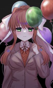 1girl balloon blazer blush breasts brown_hair brown_jacket dark doki_doki_literature_club green_eyes highres jacket long_hair looking_at_viewer mahigu_re monika_(doki_doki_literature_club) ponytail ribbon school_uniform smile solo static white_ribbon