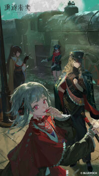 4girls :d absurdres aima_(reverse:1999) black_coat black_dress black_gloves black_skirt boots braid braided_hair_rings brown_cape brown_eyes brown_hair cape cloak coat coat_on_shoulders copyright_name copyright_notice corvus_(reverse:1999) dress eyepatch flute food fruit full_moon gloves green_jacket green_shorts green_sky grey_hair hair_rings hat highres holding holding_flute holding_food holding_fruit holding_instrument holding_walkie-talkie huge_moon instrument jacket lamppost locomotive logo long_hair looking_at_viewer looking_to_the_side medium_hair moon multiple_girls night night_sky official_art official_wallpaper open_mouth outdoors peaked_cap ponytail quad_braids red_cloak red_eyes red_sash red_scarf reverse:1999 rubuska sash scarf semmelweis_(reverse:1999) shirt shorts shoulder_sash skirt sky smile snowing spotlight standing steam_locomotive stitched_arm stitched_face stitches train train_station_platform walkie-talkie white_boots white_gloves white_shirt
