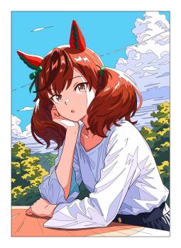 1girl animal_ears blue_skirt brown_eyes ear_covers head_rest highres horse_ears horse_girl looking_at_viewer medium_hair nice_nature_(umamusume) open_mouth red_hair shirt short_twintails skirt smiling_lime solo twintails umamusume white_shirt