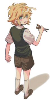 1boy absurdres antenna_hair basil_(faraway)_(omori) basil_(omori) blonde_hair blue_eyes blush brown_shoes brown_shorts collared_shirt double-parted_bangs full_body gardening_shears green_sweater_vest hair_between_eyes highres looking_at_viewer lower_teeth_only male_focus my_loleeta nervous_smile nervous_sweating omori open_mouth shirt shoes short_hair short_sleeves shorts sidelocks simple_background smile socks solo sweat sweater_vest teeth white_background white_shirt white_socks