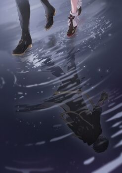 1girl 2boys black_boots black_coat black_flower black_gloves black_pants black_shoes boots caelus_(honkai:_star_rail) coat dan_heng_(honkai:_star_rail) dan_heng_(permansor_terrae)_(honkai:_star_rail) different_reflection evernight_(honkai:_star_rail) fingerless_gloves flower flower_ornament footwear_focus freaknaru123 from_behind gloves hand_up highres honkai:_star_rail honkai_(series) hood hooded_coat long_sleeves march_7th_(honkai:_star_rail) multiple_boys official_alternate_costume pants reflection reflective_liquid shoes socks trailblazer_(honkai:_star_rail) walking water white_socks