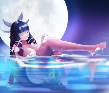1girl bathing black_hair breasts cleavage closed_eyes closed_mouth collarbone columbina_(genshin_impact) commentary_request eye_mask full_body full_moon genshin_impact hair_over_shoulder head_wings highres huge_breasts leg_up legs long_hair mask moon multicolored_hair night nude partially_submerged prev/next purple_hair solo thighs toes two-tone_hair white_wings wings