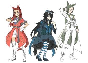 3girls absurdres ascot black_eyes black_hair boots brown_hair dress formal_clothes frilled_dress frills full_body gloves god_hannibal_(umamusume) gothic_lolita green_hair hair_ornament hair_over_one_eye hairband hairclip high_heel_boots high_heels highres kraft_univa_(umamusume) kuzumi_taiyou lolita_fashion long_hair long_sleeves meikun_tsukasa_(umamusume) multiple_girls necktie pants pantyhose short_hair short_sleeves shorts striped_clothes striped_pantyhose suit thigh_boots umamusume umamusume:_cinderella_gray white_ascot white_background white_gloves white_pants white_shorts white_suit wide_sleeves