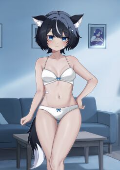 1girl animal_ears bandaid bandaid_on_face belly bow bow_panties bra commission couch dog_ears dog_girl dog_tail dzulfiqar023 fangsie_fido hand_on_own_hip highres indoors knee_up knees_up looking_at_viewer navel panties ribbon solo standing table tail thighs underwear underwear_only variance_project virtual_youtuber white_bra white_panties
