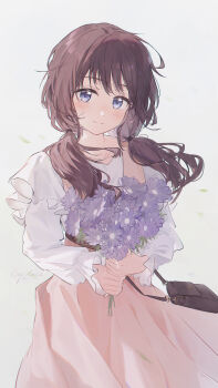 1girl absurdres black_bag black_hair blue_eyes blush closed_mouth commentary cyrilcyclone flower highres holding holding_flower kaoru_hana_wa_rin_to_saku long_hair long_sleeves looking_at_viewer low_twintails pink_skirt purple_flower shirt simple_background skirt solo twintails waguri_kaoruko white_background white_shirt