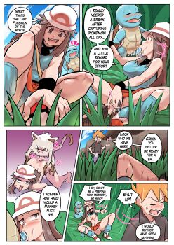 1girl 3boys barefoot blue_oak breasts brown_eyes brown_hair closed_eyes commentary english_commentary english_text feet fellatio gen_1_pokemon hat highres leaf_(pokemon) long_hair mankey multiple_boys nintendo nipples open_mouth oral outdoors poke_ball poke_ball_(basic) pokemon pokemon_(creature) pokemon_frlg pokephilia red_eyes red_skirt shirt skirt sleeveless sleeveless_shirt speech_bubble squirtle tail toes tongue tongue_out turtle ukaya_masaru white_hat wristband