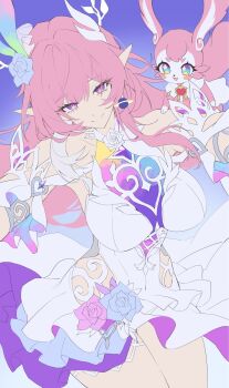 1girl bare_shoulders blue_flower blue_rose breasts closed_mouth commentary cowboy_shot cyrene_(honkai:_star_rail) cyrene_(ripples_of_past_reverie)_(honkai:_star_rail) diamond-shaped_pupils diamond_(shape) dress dual_persona earrings english_commentary flower hair_flower hair_ornament highres honkai:_star_rail honkai_(series) jewelry large_breasts long_hair long_pointy_ears looking_at_viewer mem_(honkai:_star_rail) netural pink_hair pointy_ears purple_background purple_eyes rose sidelocks smile solo split_mouth symbol-shaped_pupils thighs white_dress