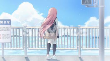 1girl backpack bag black_skirt black_socks blue_sky brown_cardigan cardigan cardigan_around_waist clothes_around_waist cloud commentary_request day facing_away from_behind hanako_nana horizon long_hair ocean official_art outdoors pedestrian_lights pink_hair pleated_skirt railing sample_watermark school_uniform shirt shoes sign silltare skirt sky socks solo stellive very_long_hair virtual_youtuber water watermark white_shirt white_shoes