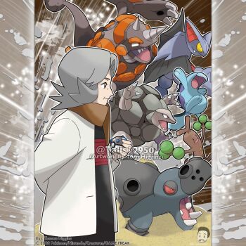 1girl arm_behind_back arms_up artist_name bertha_(pokemon) black_dress brown_eyes brown_scarf claws closed_mouth commentary company_name copyright_notice dress english_commentary fangs from_side gen_1_pokemon gen_2_pokemon gen_4_pokemon gliscor golem_(pokemon) grey_hair heavy_ball highres hippowdon hippowdon_(female) holding holding_poke_ball instagram_username jacket long_sleeves merchandise_available nintendo official_style old old_woman open_clothes open_jacket open_mouth outline poke_ball pokemon pokemon_(creature) pokemon_dppt quagsire red_eyes rhyperior sand scarf sharp_teeth short_hair soap_bubbles teeth tom_higgins upper_teeth_only watermark white_jacket white_outline yellow_eyes yellow_pupils