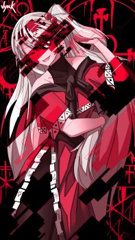 Rule 34 | absurdres, bare shoulders, black background, commentary, cowboy shot, crescent, dress, english commentary, english text, hair bobbles, hair ornament, hand in own hair, highres, jongk ok, long hair, mars symbol, one eye closed, open mouth, red dress, shinki (touhou), short sleeves, signature, smile, sun cross, touhou, touhou (pc-98), white hair