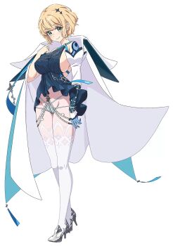 1girl bedivere_(lost_sword) blonde_hair breasts cape dress full_body game_cg green_eyes hair_ornament high_heels large_breasts lost_sword:_tales_of_britania neo_bedivere_(lost_sword) official_art panties short_hair solo underwear white_background