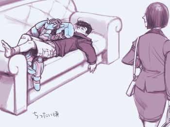 1girl 2boys aged_down bag casual child couch crazy_diamond diamond_wa_kudakenai handbag higashikata_josuke higashikata_tomoko hood hoodie jojo_no_kimyou_na_bouken lying merumeru626 multiple_boys on_back pencil_skirt pompadour shorts skirt sleeping stand_(jojo)