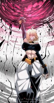 1girl abs android_21 antenna_hair arcueid_brunestud arm_up attack black_nails black_tube_top blonde_hair bracelet breasts cleavage commentary commission cosplay crop_top crossover detached_sleeves dragon_ball dragon_ball_fighterz energy_ball english_commentary evil_grin evil_smile fangs floating_hair from_below grin hair_intakes harem_pants highres imminent_attack jewelry kinakomochi_(user_vedc2333) large_breasts looking_at_viewer majin_android_21 majin_android_21_(cosplay) mystic_eyes_of_enchantment nail_polish neck_ring pants red_arcueid ring sharp_teeth short_hair sidelocks slit_pupils smile solo stomach strapless teeth toned toned_female tsukihime tsukihime_(remake) tube_top vampire white_pants yellow_eyes
