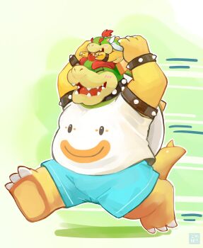 Rule 34 | 2boys, absurdres, armlet, artist logo, bib, blue shorts, blush, bowser, bowser jr., bracelet, carrying, carrying person, claws, closed eyes, collar, commentary, english commentary, fangs, father and child, father and son, furry, furry male, highres, horns, jewelry, lates312, logo, looking to the side, male focus, mario (series), motion lines, multiple boys, nintendo, parent and child, shirt, shorts, spiked armlet, spiked bracelet, spiked collar, spiked shell, spiked tail, spikes, tail, white shirt