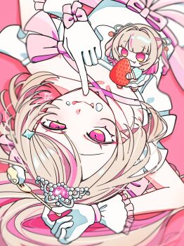 Rule 34 | 1girl, :q, absurdres, ageebi 730, arm up, bare shoulders, blonde hair, blurry, blush, bow, chibi, chibi inset, collarbone, colored inner hair, commentary request, cream, criss-cross halter, depth of field, dress, dress bow, eating, fang, fang out, finger to mouth, food, food on face, fork, frilled dress, frills, fruit, glove bow, gloves, hair ornament, hair ribbon, hair spread out, hairclip, half-closed eye, halterneck, heart-shaped gem, highres, holding, holding fork, index finger raised, long hair, looking at viewer, lying, makaino ririmu, multicolored hair, nijisanji, off-shoulder dress, off shoulder, official alternate costume, official alternate hairstyle, on back, pink background, pink bow, pink dress, pink hair, pink ribbon, pink streaks, pointy ears, red eyes, ribbon, side part, sidelocks, signature, simple background, smile, solo, star (symbol), star hair ornament, strawberry, streaked hair, swept bangs, tiara, tongue, tongue out, two-tone dress, two-tone hair, two side up, upper body, upside-down, virtual youtuber, white dress, white gloves